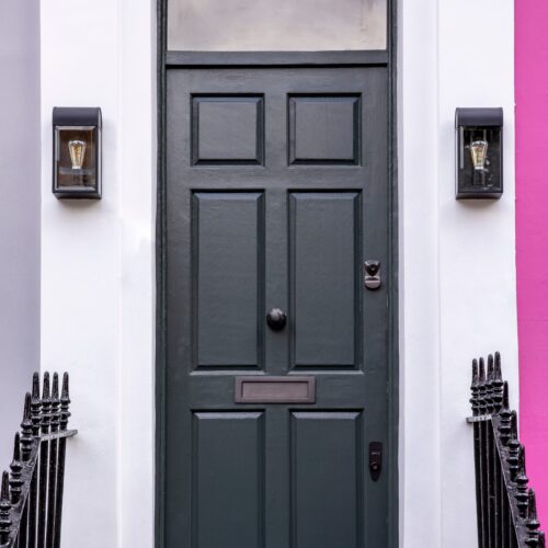 Front,Door,Exterior,,White,Walls,,Black,Railings